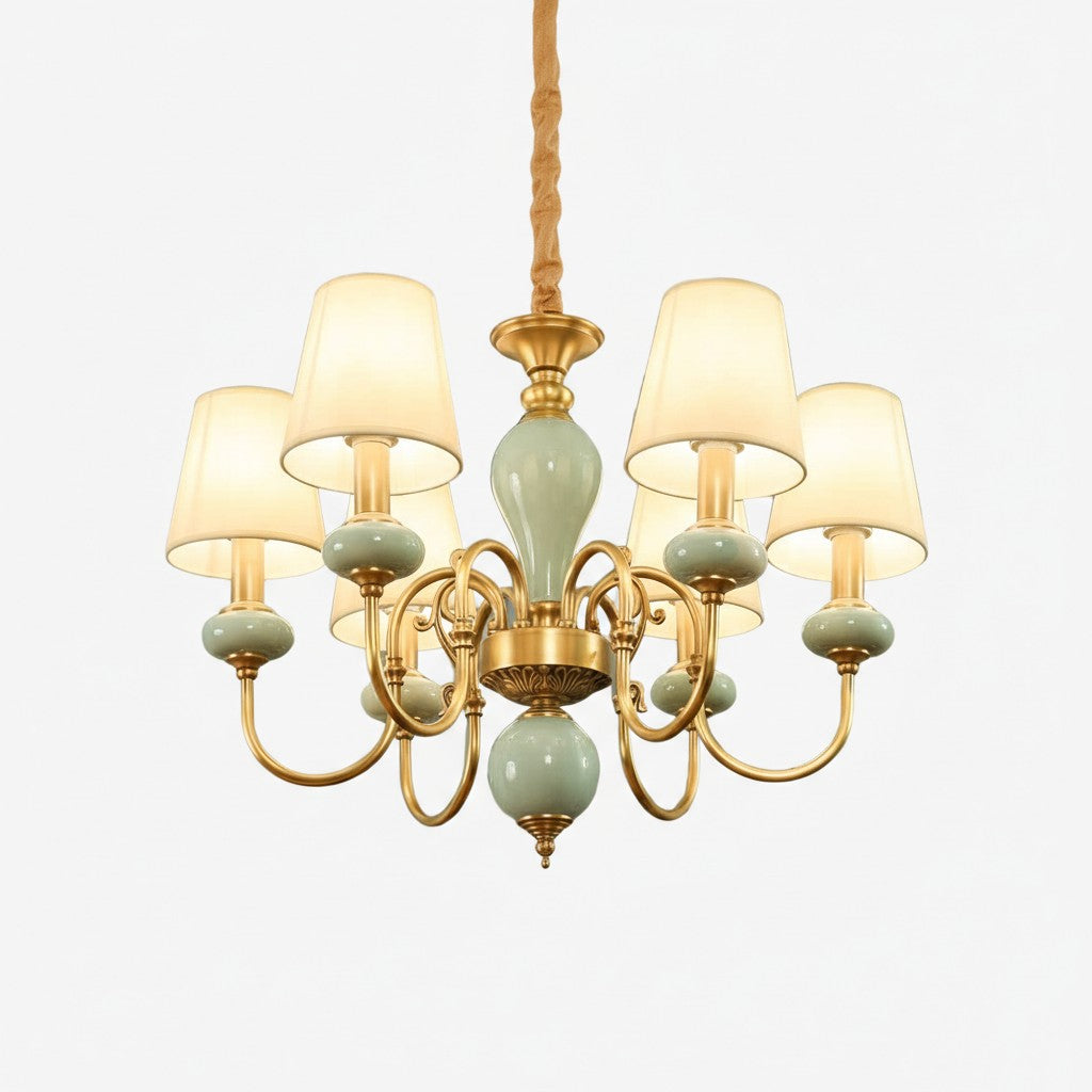 Lustre Branche Série Altoris avec Abat-jours en Tissu – Lustre en Laiton et Céramique pour Salon