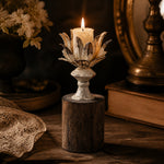 Load image into Gallery viewer, Short lotus bloom candle holder styled with a candle