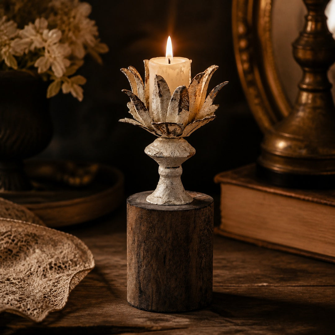 Short lotus bloom candle holder styled with a candle