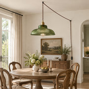 Vintage Ribbed Glass Shade Plug‑in Swag Pendant Light - Hanging Lamp for Dining and Living Room