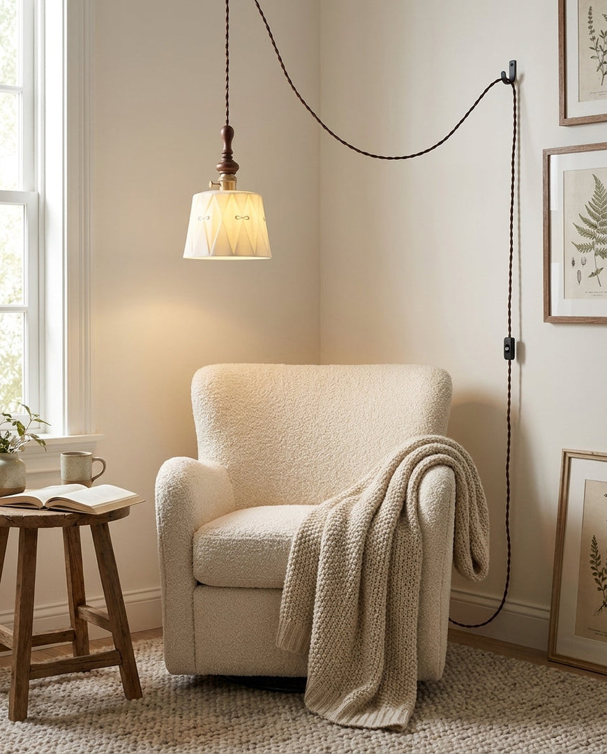 Wood Finial Ceramic Plug-In Swag Pendant