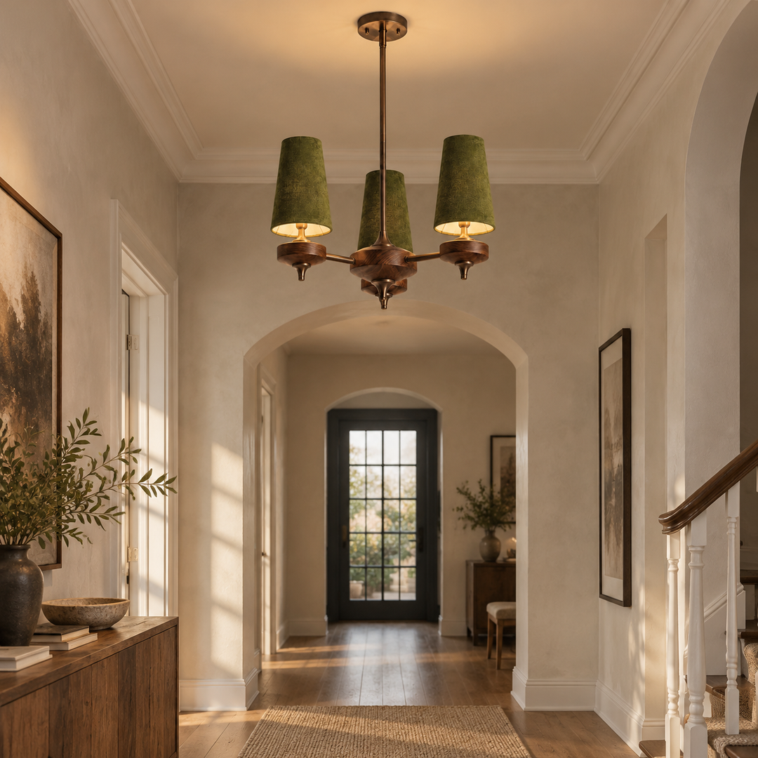Hour Rho Velvet Chandelier with three to six heads and walnut-toned wood - New2609-1024563 interior scene
