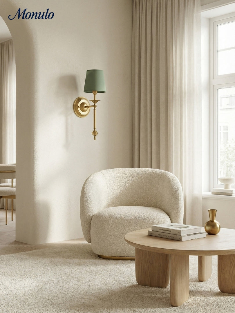 Aplique de pared con pantalla de tela Rowan en cobre antiguo: lámpara vintage de lujo para interiores 