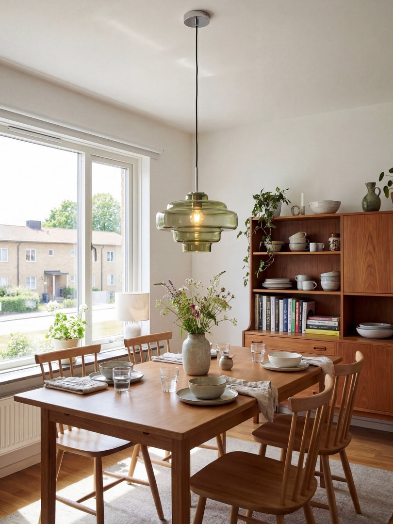 Lámpara colgante Koloro con pantalla de vidrio coloreado: moderna lámpara de suspensión ajustable para interiores.