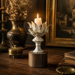 Load image into Gallery viewer, Tall lotus bloom candle holder styled with candlelight