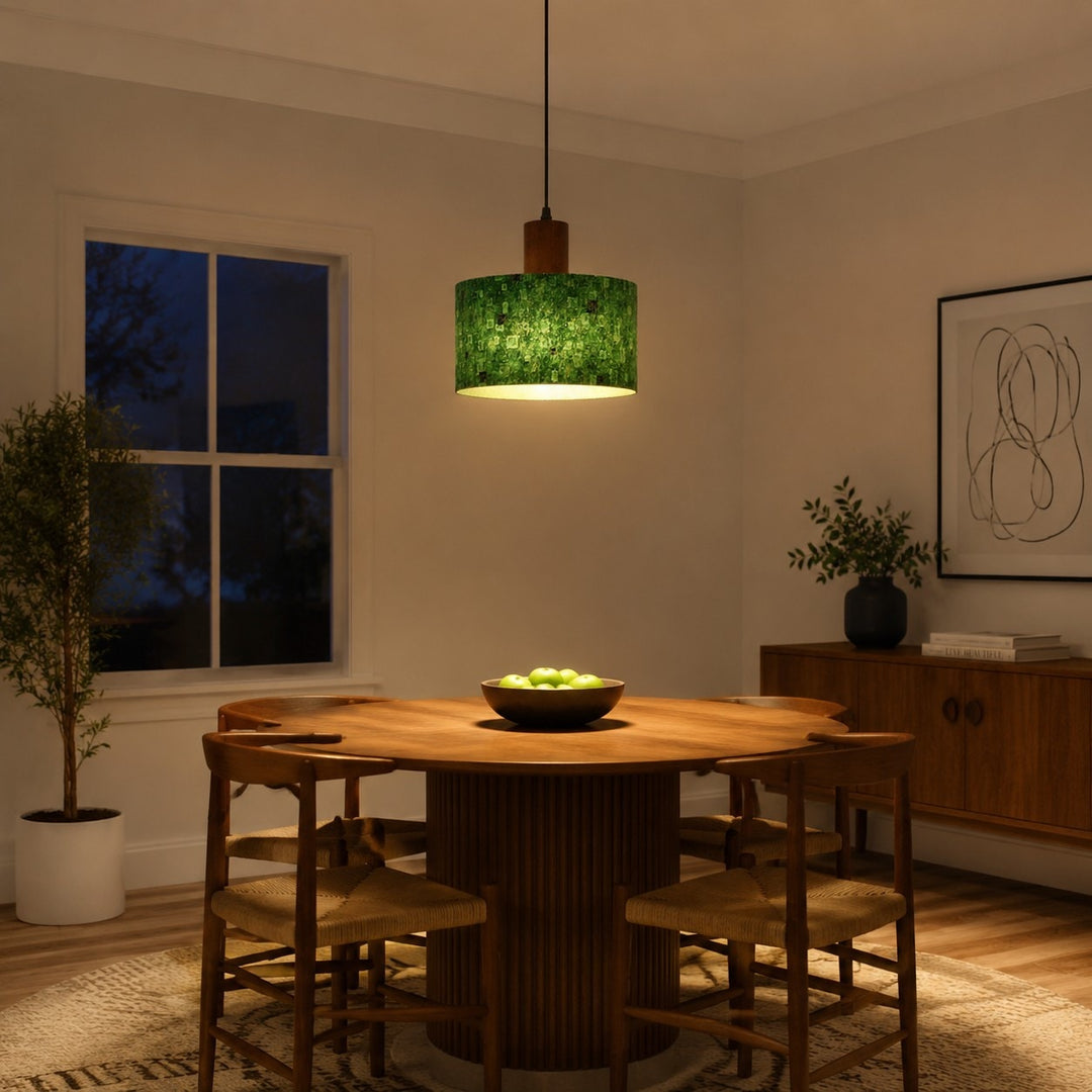 Green patterned fabric pendant light in a warm dining room