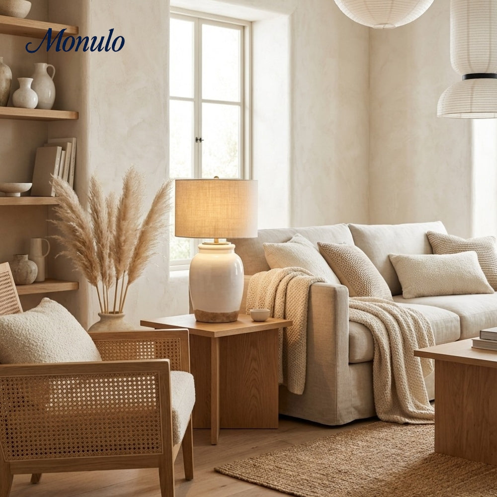 Mello Organic Textured Ceramic Table Lamp with Fabric Drum Shade - Modern Lighting for Living Room and Office