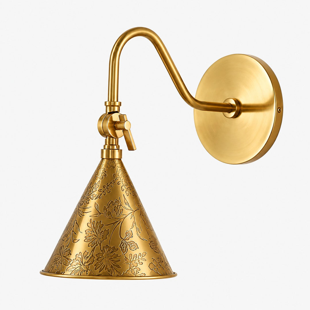 Brass-finish etched floral steel cone wall sconce