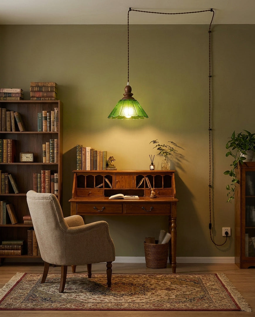 Natural Wood And Glass Plug-In Pendant