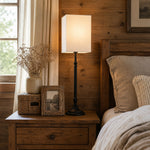 Load image into Gallery viewer, Square fabric shade table lamp on a bedside table