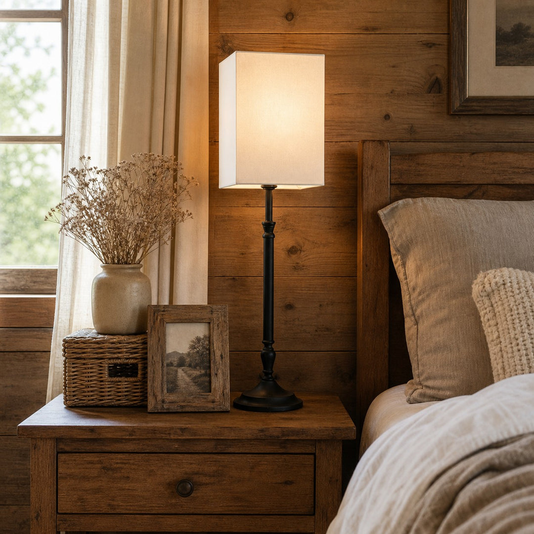 Square fabric shade table lamp on a bedside table