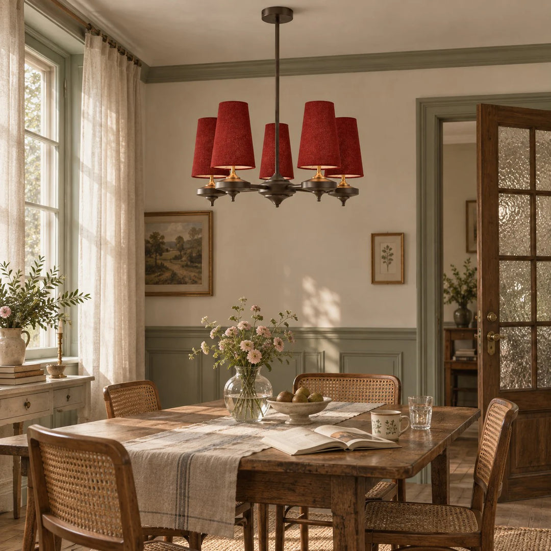 5-light Hour Rho chandelier in red velvet styled in a warm interior