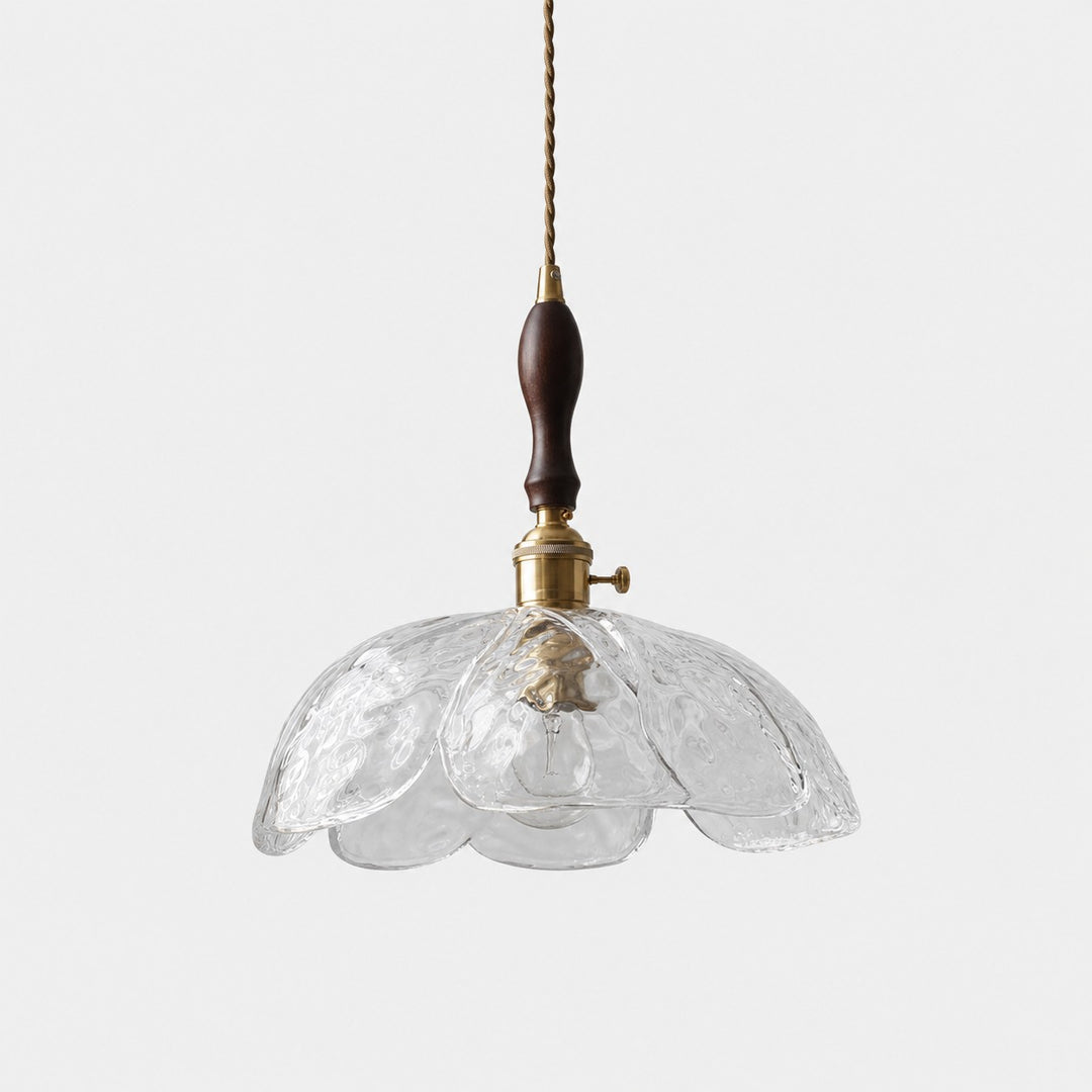 Single clear pressed-glass flower pendant with walnut accent