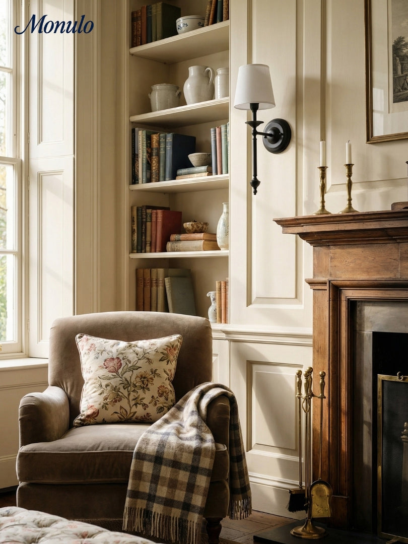 Aplique de pared con pantalla de tela Rowan en cobre antiguo: lámpara vintage de lujo para interiores 