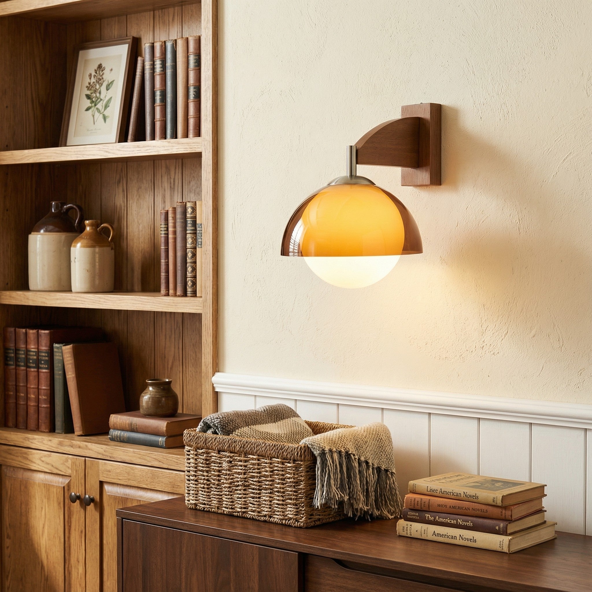 Applique murale Sunset Vintage Modern – Lampe à double abat-jour de la série Sunset avec base texturée en bois