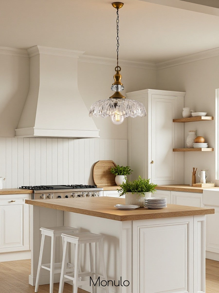 Vintage Brass Clear Glass Flower Pendant Light For Kitchen Island