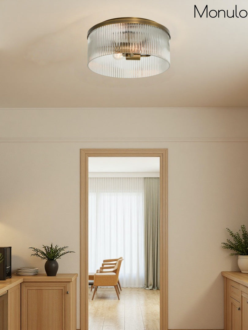 Plafonnier semi-encastré à nervures - Design encastré en verre avec finition dorée