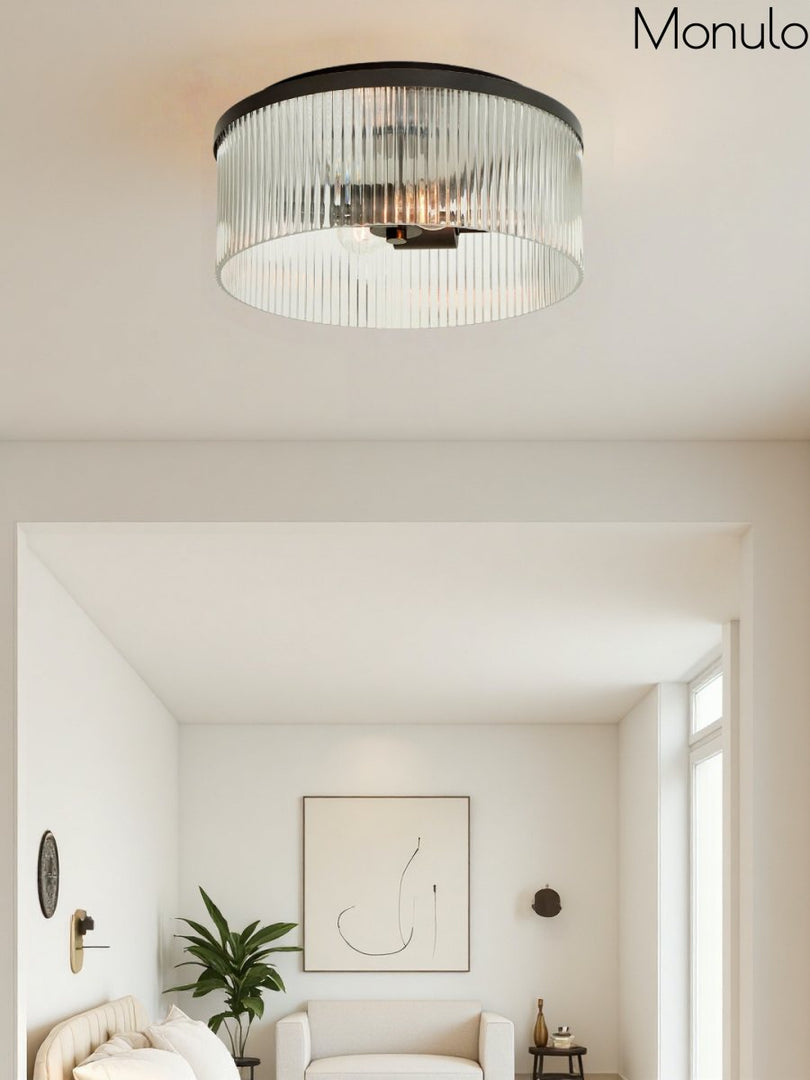 Plafonnier semi-encastré à nervures - Design encastré en verre avec finition dorée