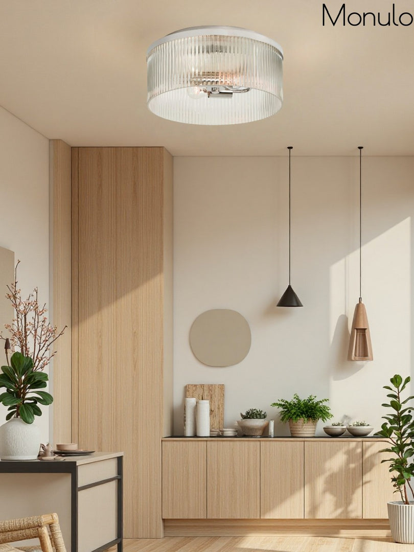 Plafonnier semi-encastré à nervures - Design encastré en verre avec finition dorée