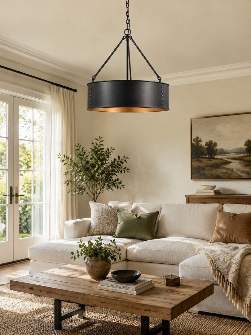 Velara Round Black Drum Pendant Light - Industrial Vintage Style for Dining Room or Living Room