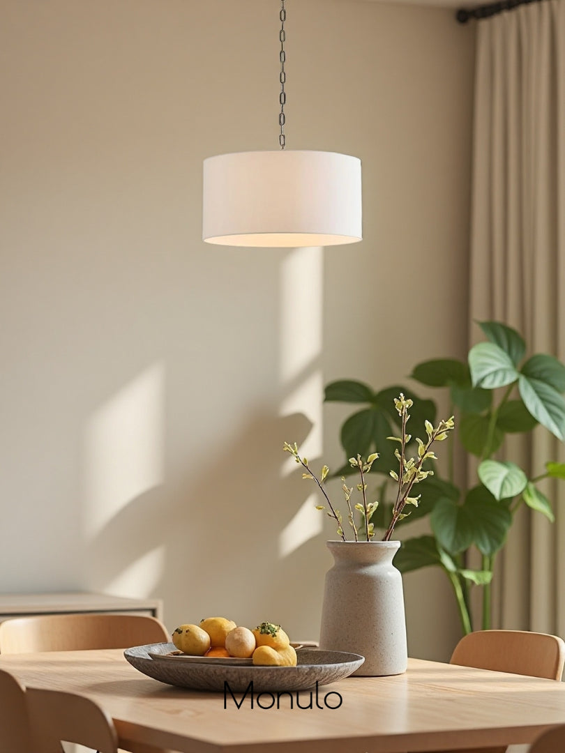 Lámpara colgante de lino Dumora con forma de tambor: moderna pantalla blanca para comedor