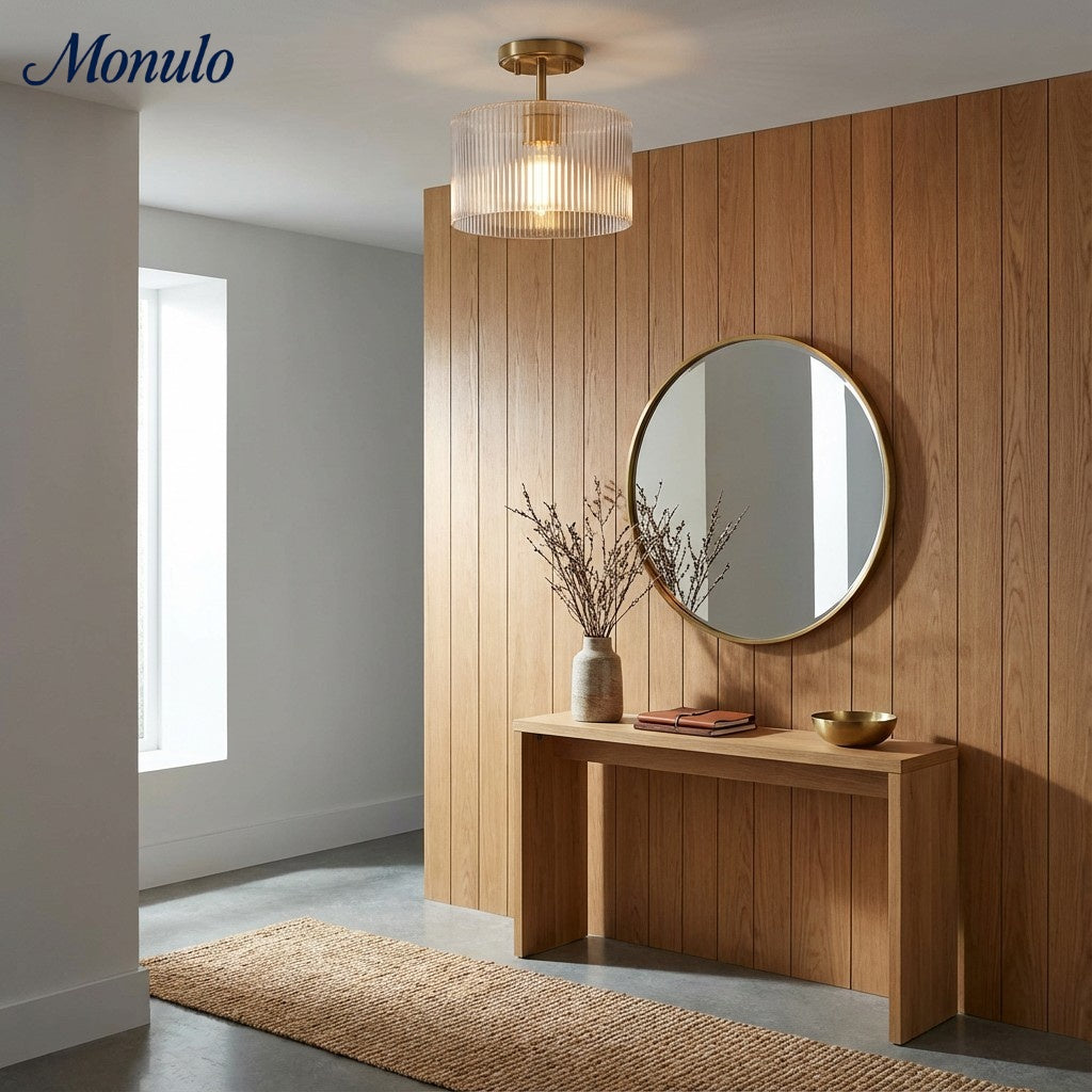 Pelviona Amber Ribbed Glass Ceiling Light – Classic Metal Frame Ceiling Fixture for Living Rooms