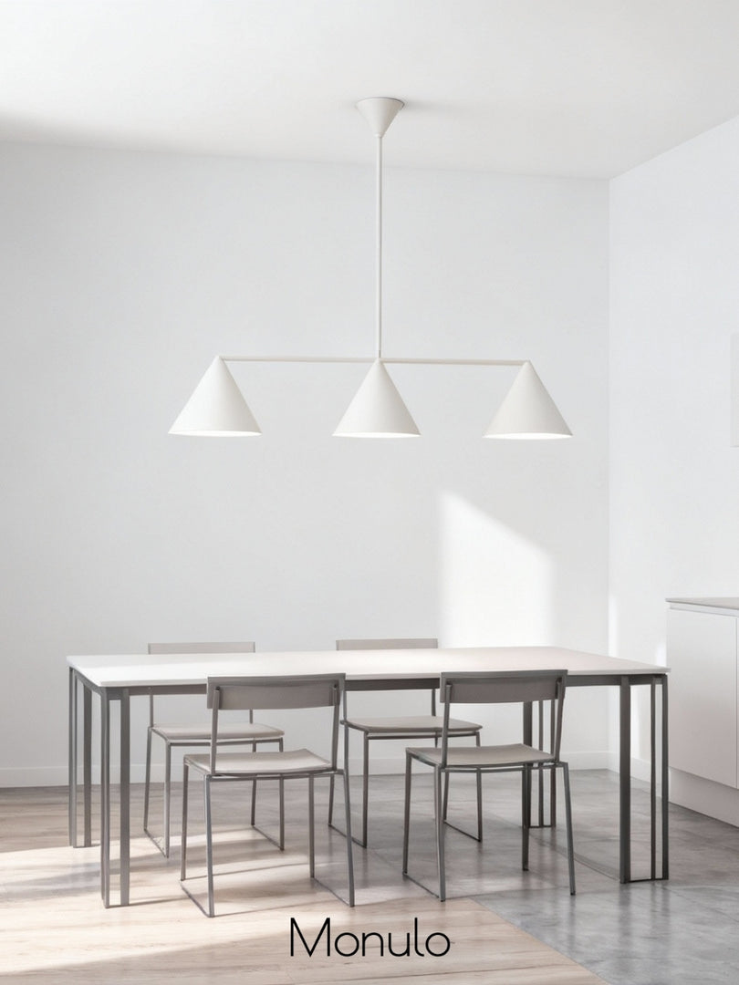 Lámpara de araña de metal con pantalla cónica Brivana: lámpara de comedor minimalista lineal
