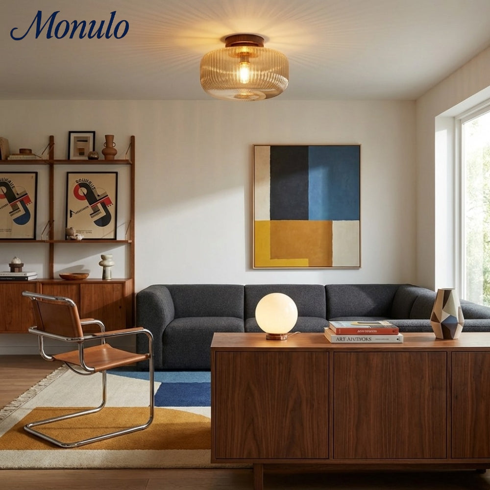 Lámpara de techo de vidrio ámbar estriado Amberflow Retro – Montaje empotrado redondo para pasillos y entradas