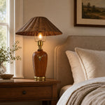 Bild in Gallery-Viewer laden, Camel brown shade wood table lamp beside a bed