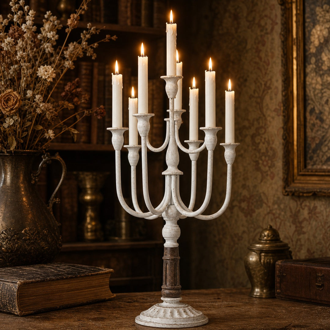 Ivory branch candelabra styled in a layered interior