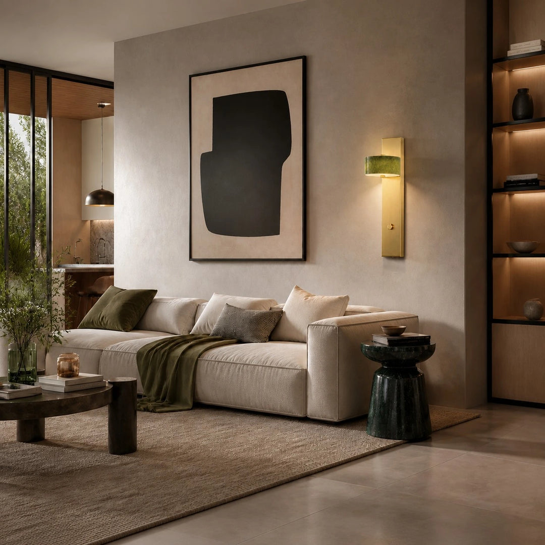 Green jade wall sconce in a modern living room