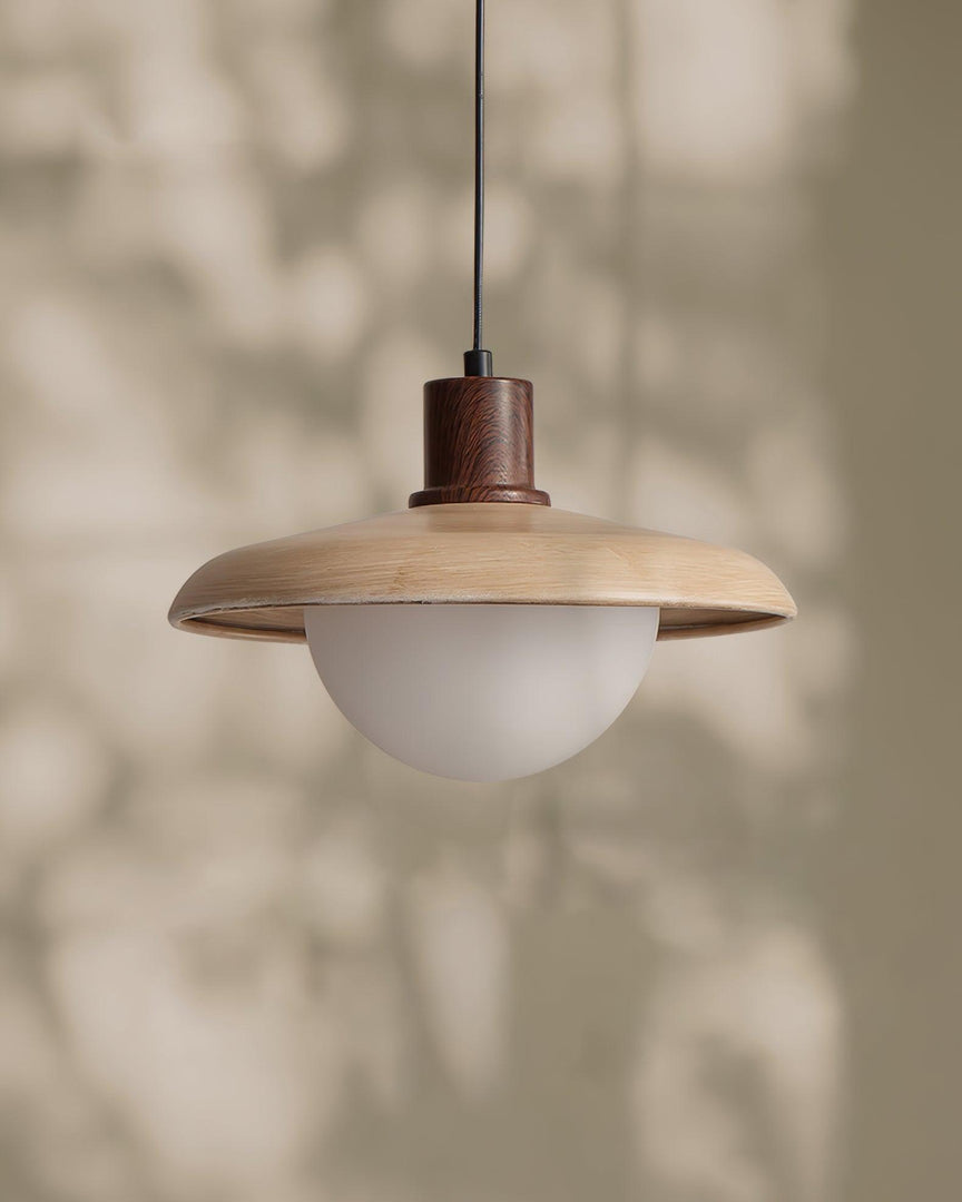 Wood-Tone Metal Glass Plug-In Pendant
