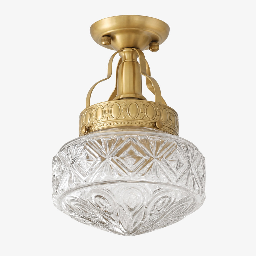 Clear pressed glass Art Deco ceiling light with brass finish