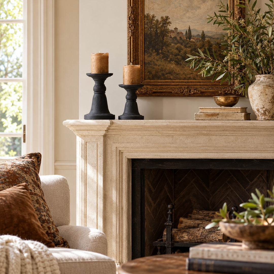 Black Pillar Candle Holder with Sculptural Pedestal Base