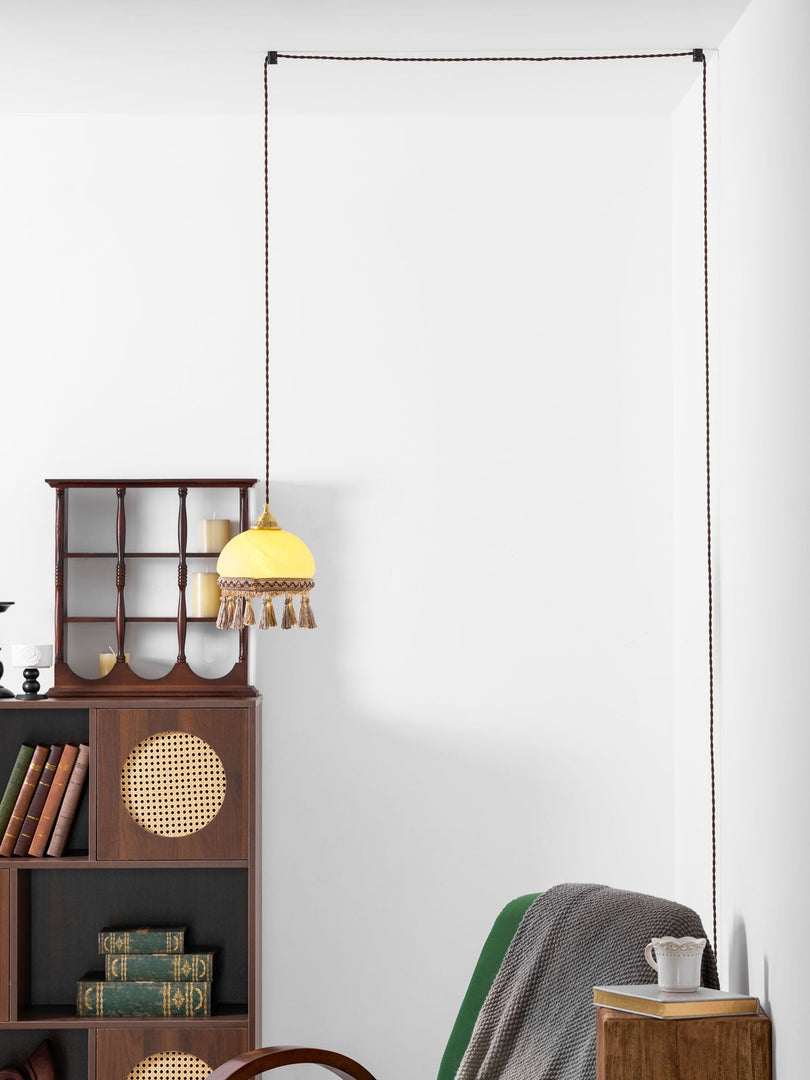 Tasseled Brass Glass Swag Pendant Light