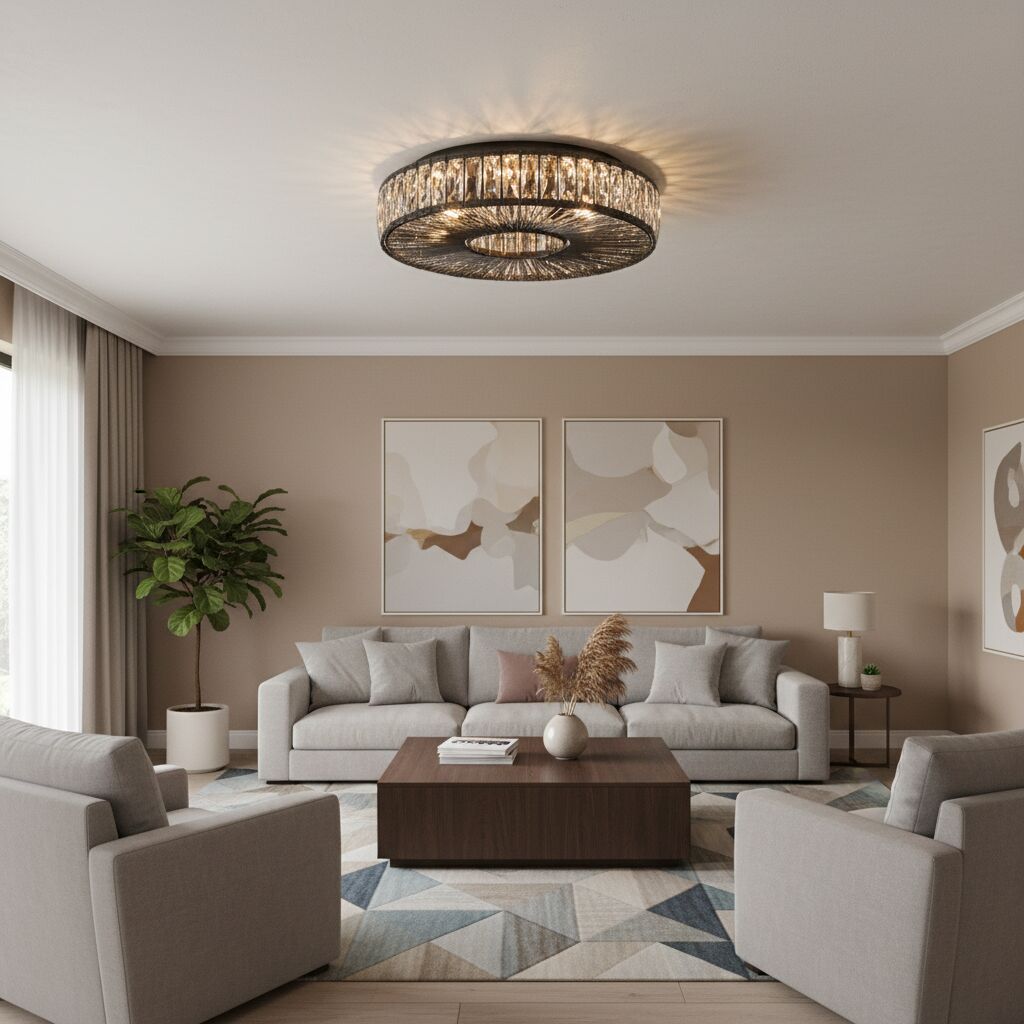 Glomar Glass Round Flush Ceiling Light - Modern Metal Glass Finish Living Areas