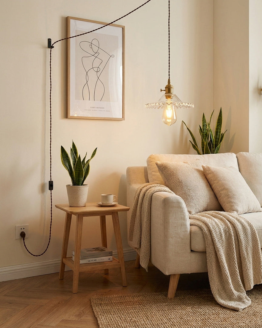 Leafy Gold Metal Glass Plug-In Pendant