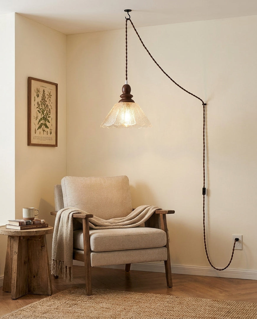 Natural Wood And Glass Plug-In Pendant