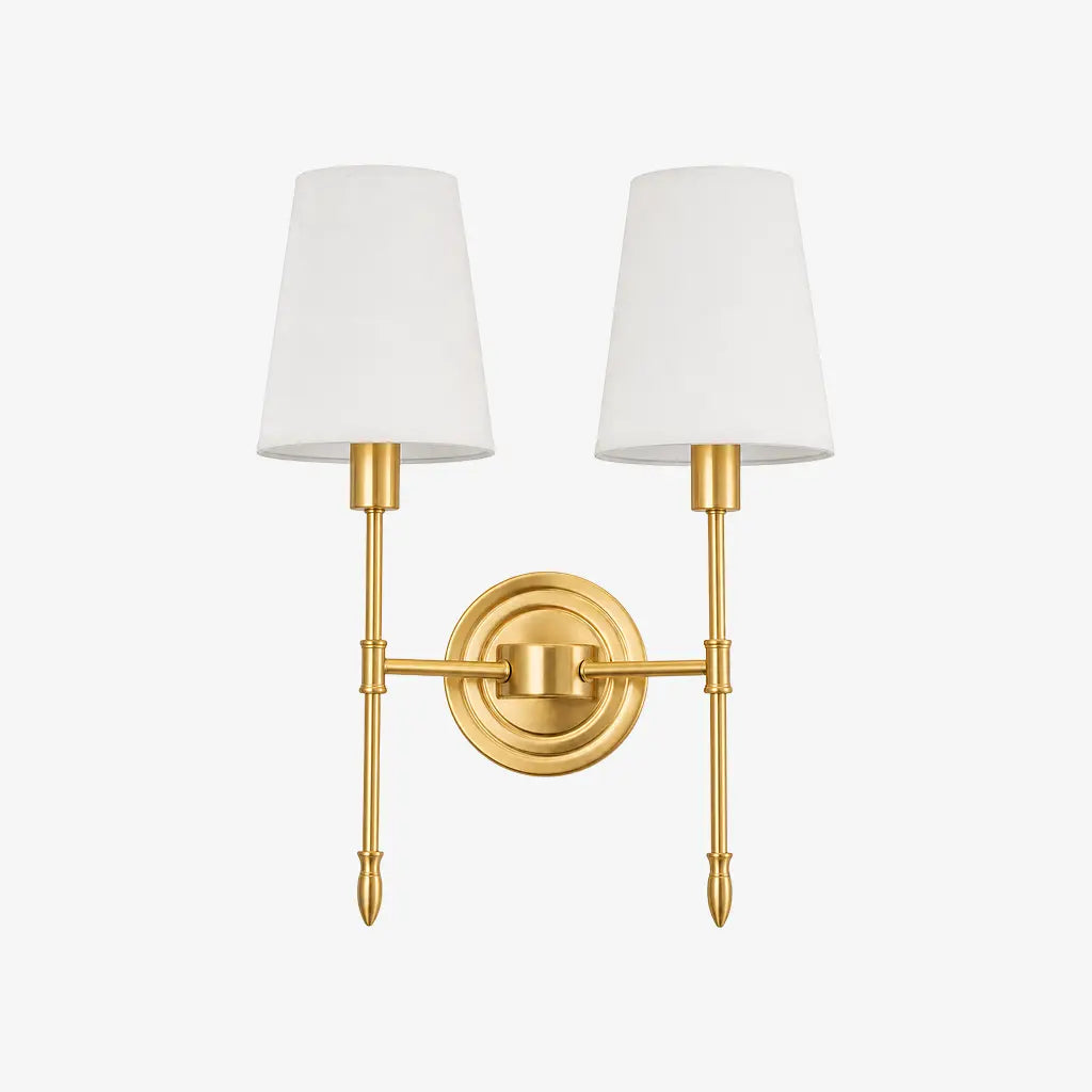 Two-head vintage brass wall light, Style B with fabric shades