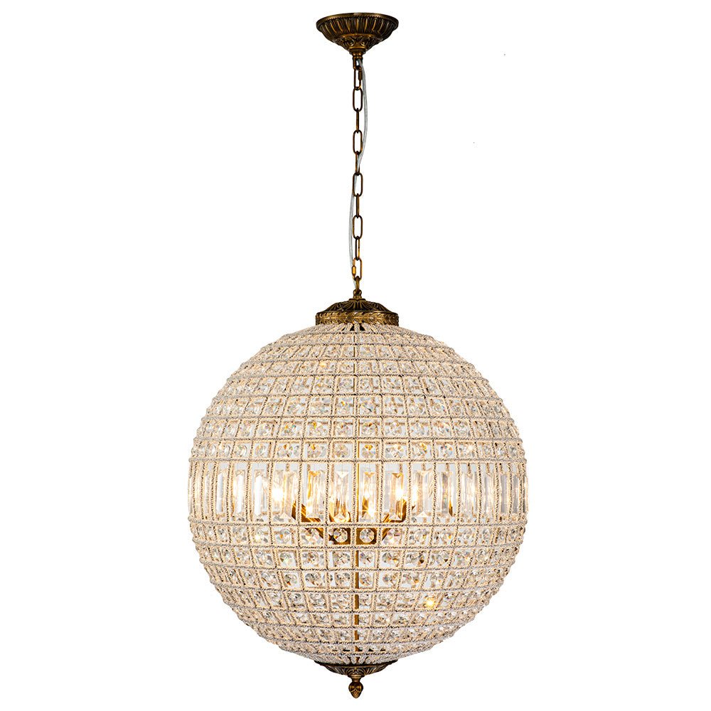 Lustre globe en cristal vintage luxueux avec finition en laiton antique
