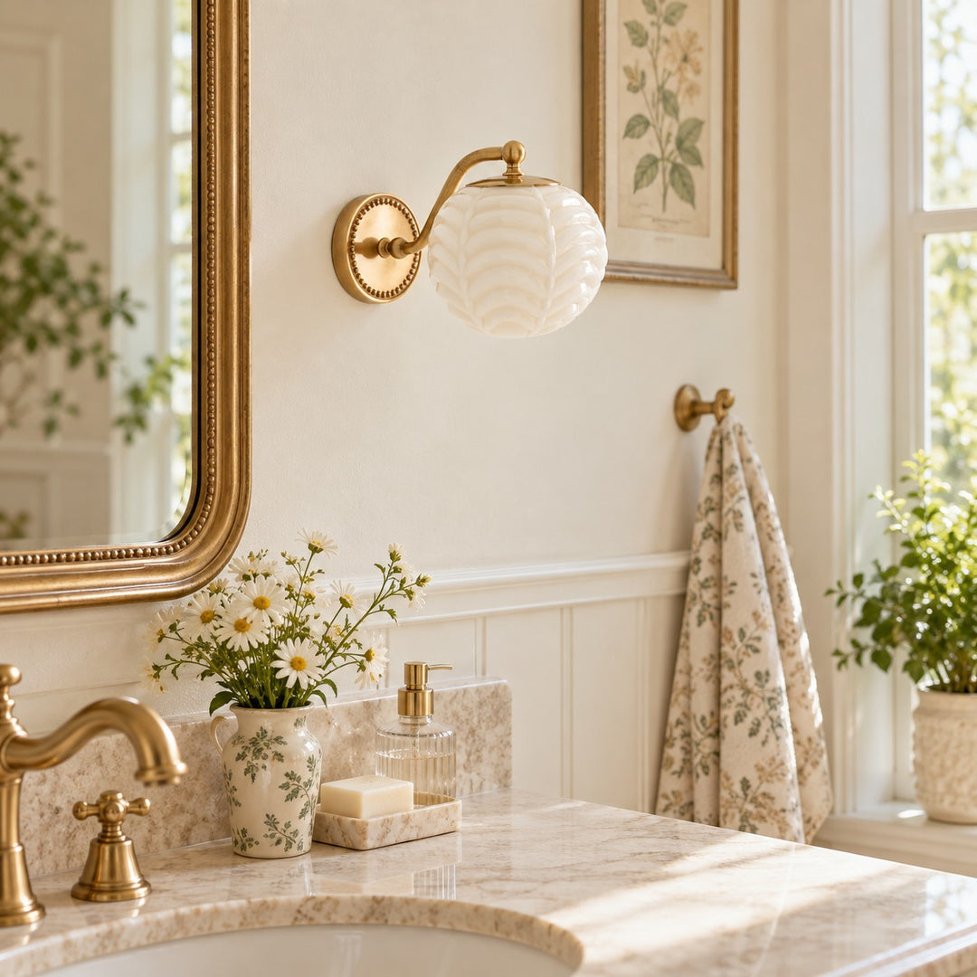 Curved Brass Globe Shade Ribbed Glass Wall Sconce