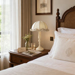 Bild in Gallery-Viewer laden, French country fabric table lamp styled beside a bed