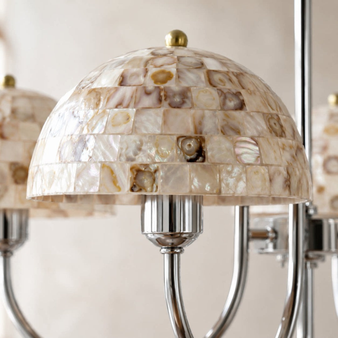 Close view of the natural beige shell mosaic dome shade