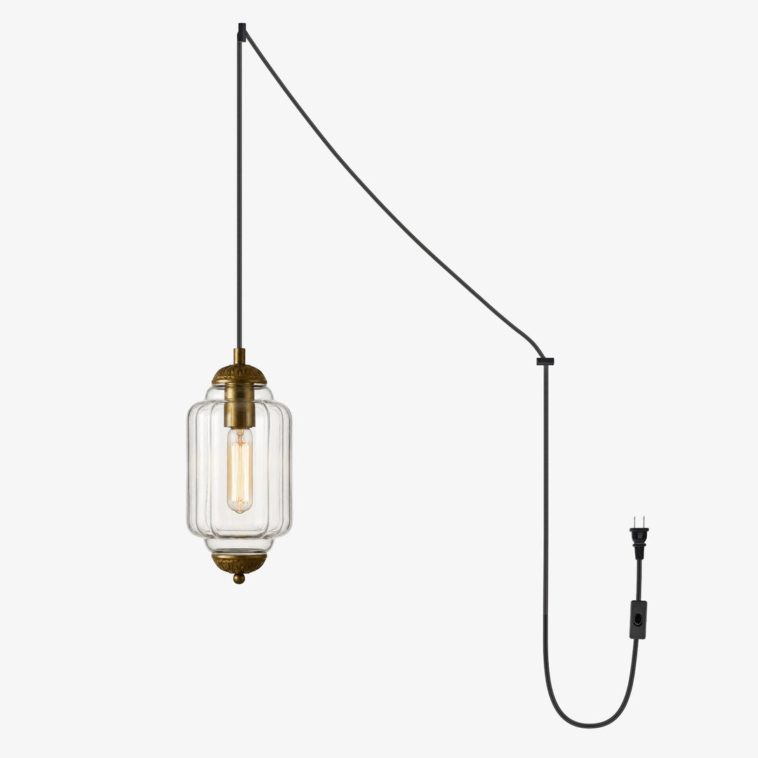 Fluted Glass Antique Brass Plug-In Pendant