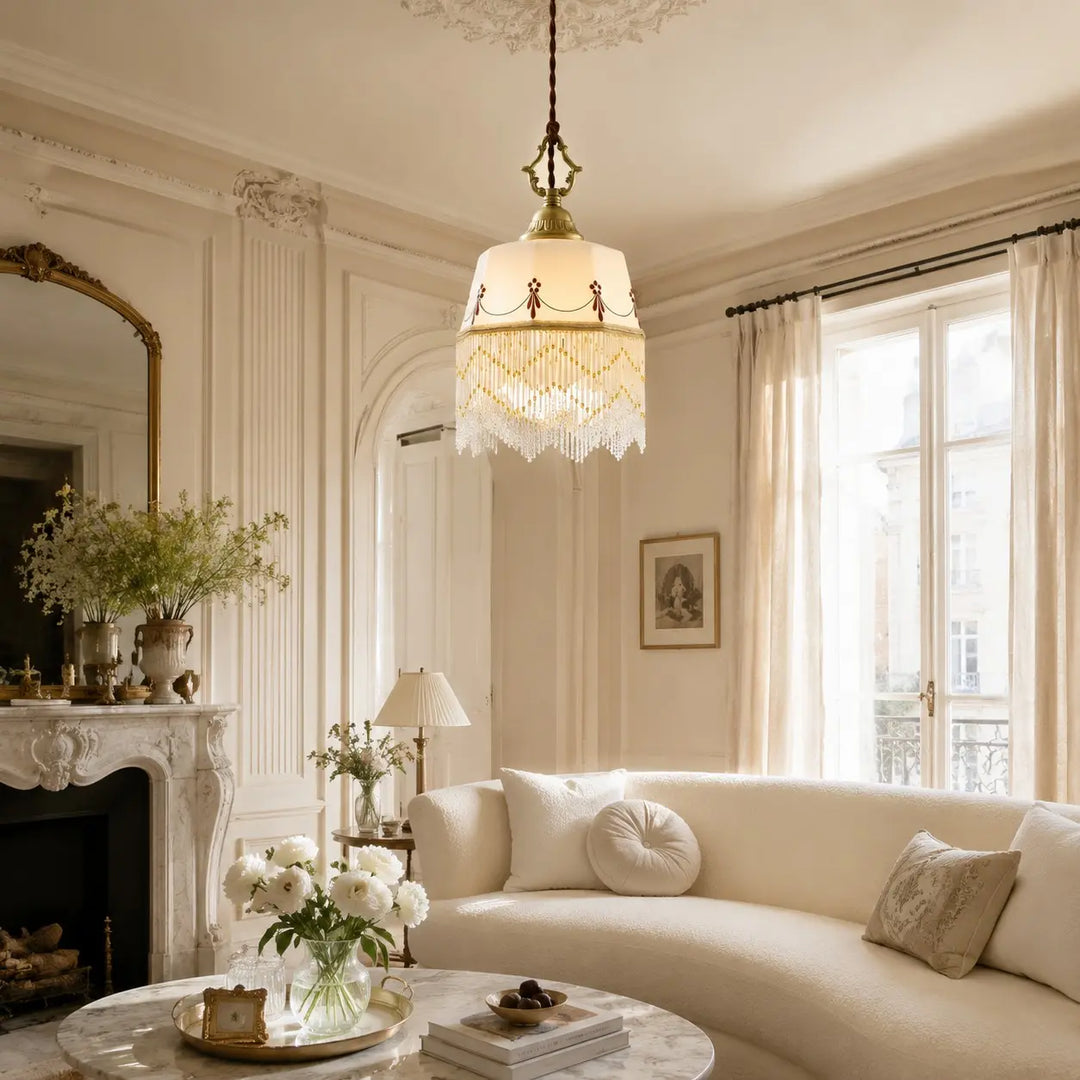 Decorative ceramic pendant light in a bright living room