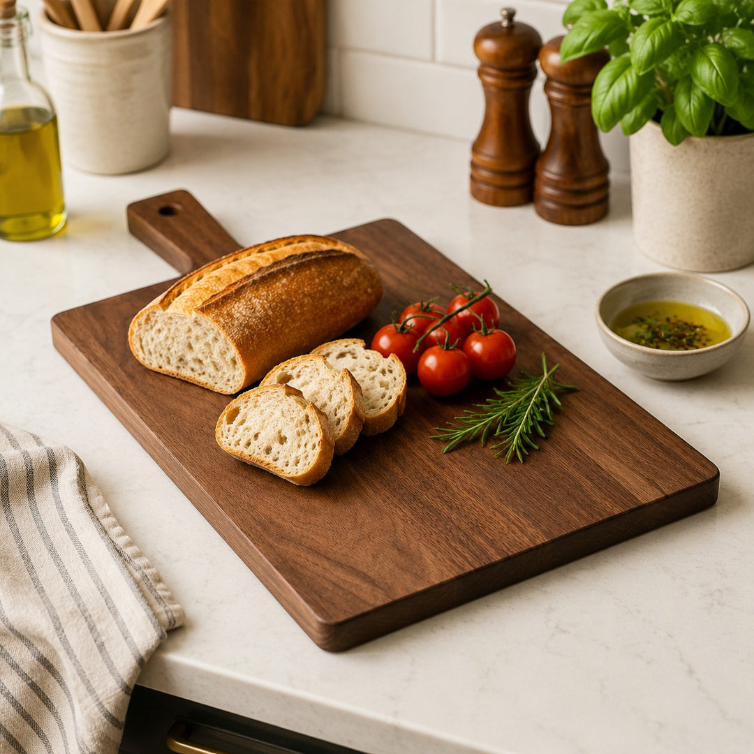 Black walnut cutting board used for bread and table serving