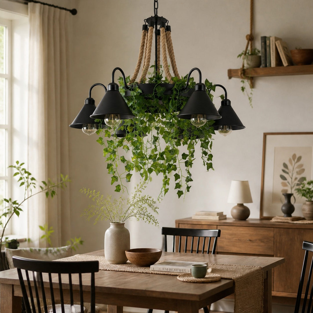 Rope and Greenery Wagon Wheel Chandelier