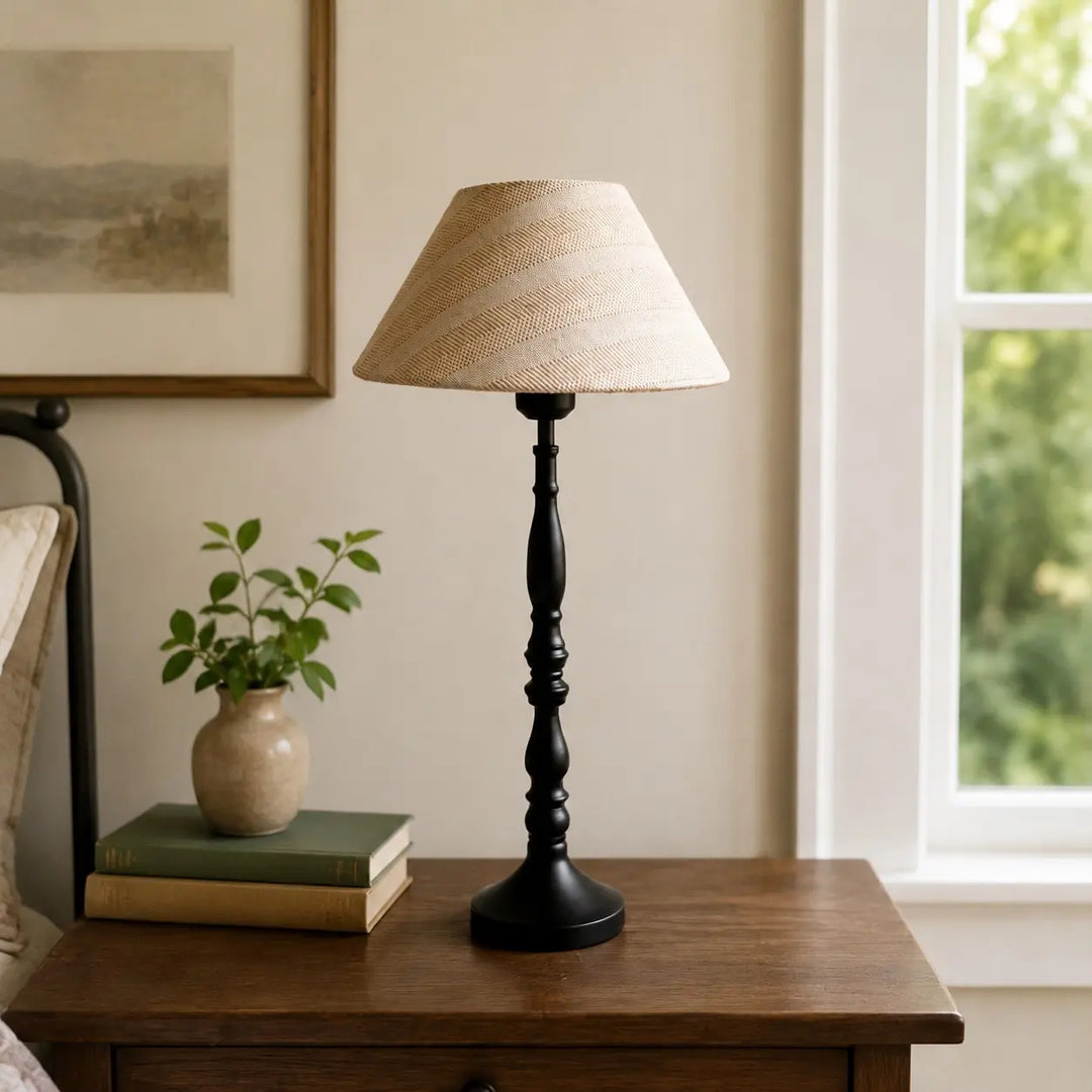 Grid fabric table lamp styled on a living room side table