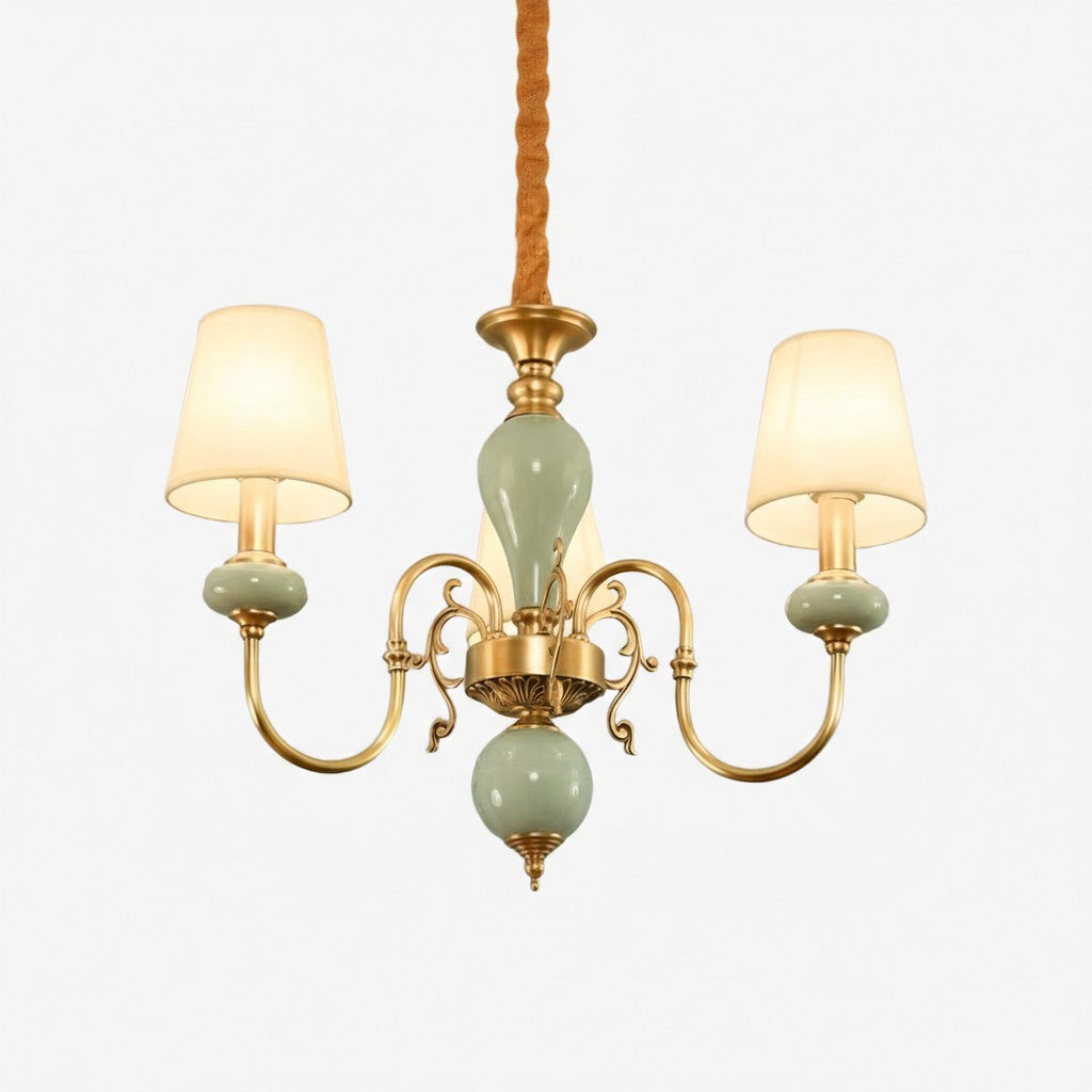 Lustre Branche Série Altoris avec Abat-jours en Tissu – Lustre en Laiton et Céramique pour Salon