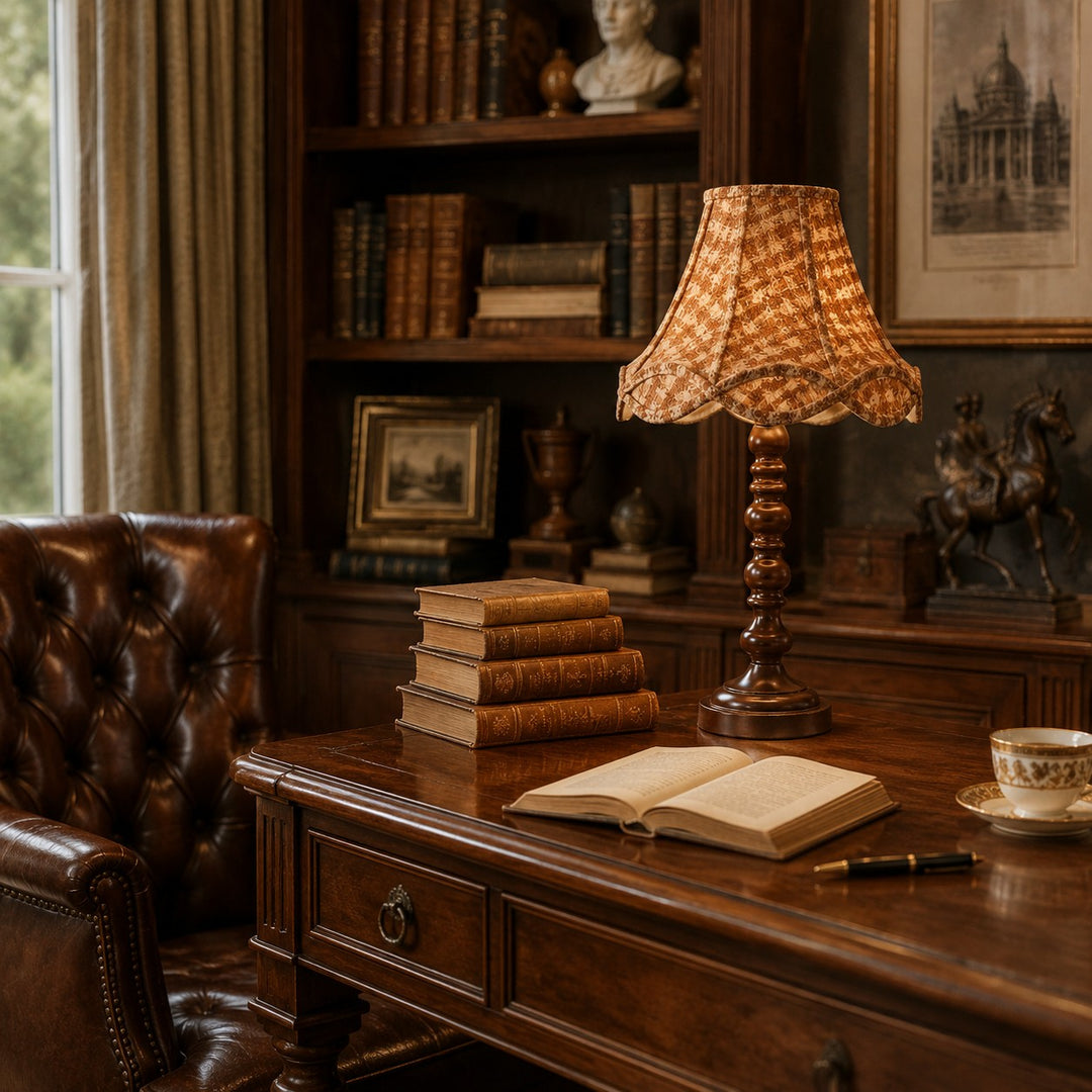 Vintage wood table lamp styled in a traditional study